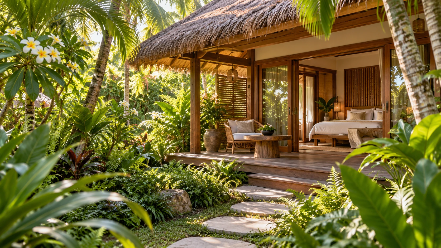 Tropical palms and natural wood surrounding an open villa
