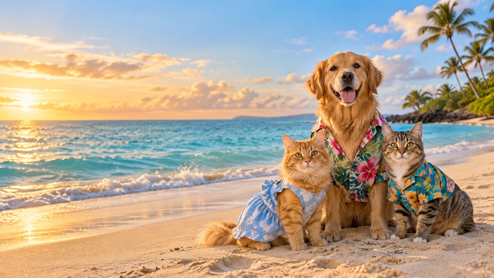 A dog and two cats in colorful vacation outfits pose together beside the beach