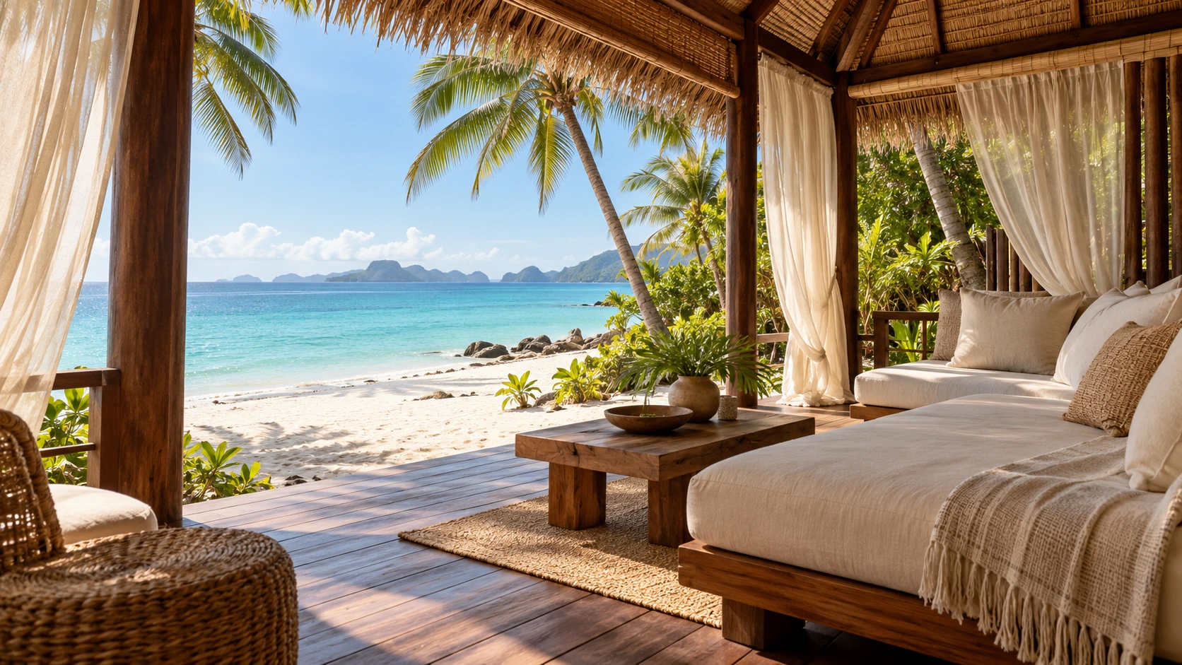 An airy beachfront villa looking onto turquoise sea